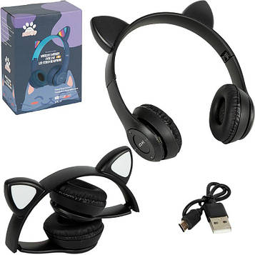 Навушники з вушками і LED-підсвічуванням бездротові накладні великі блютуз FM/TF для музики, чорні