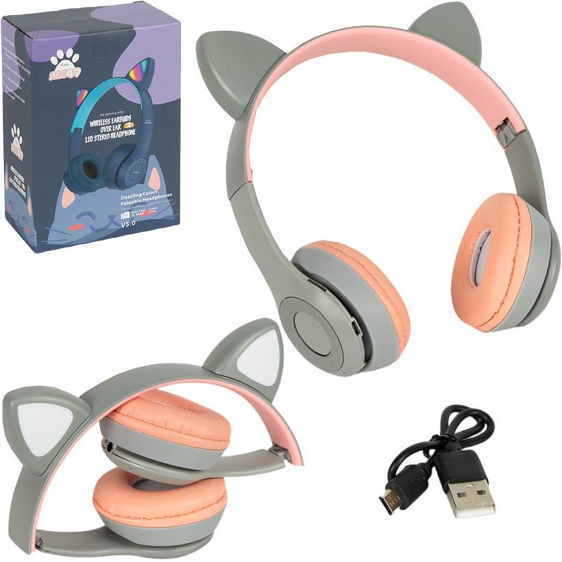 Навушники з вушками і LED-підсвічуванням бездротові накладні великі блютуз FM/TF для музики, сірі, фото 1