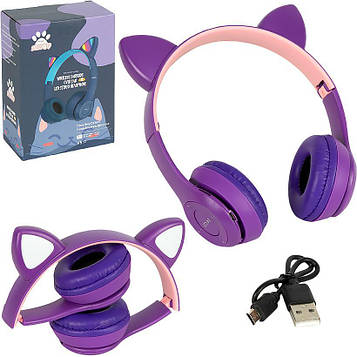 Навушники з вушками і LED-підсвічуванням бездротові накладні великі блютуз FM/TF для музики, фіолетові