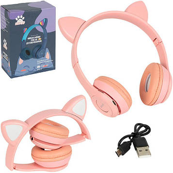 Навушники з вушками і LED-підсвічуванням бездротові накладні великі блютуз FM/TF для музики, рожеві