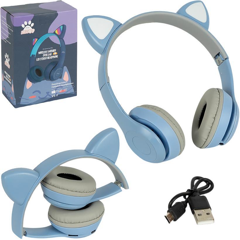 Навушники з вушками і LED-підсвічуванням бездротові накладні великі блютуз FM/TF для музики, блакитні, фото 1