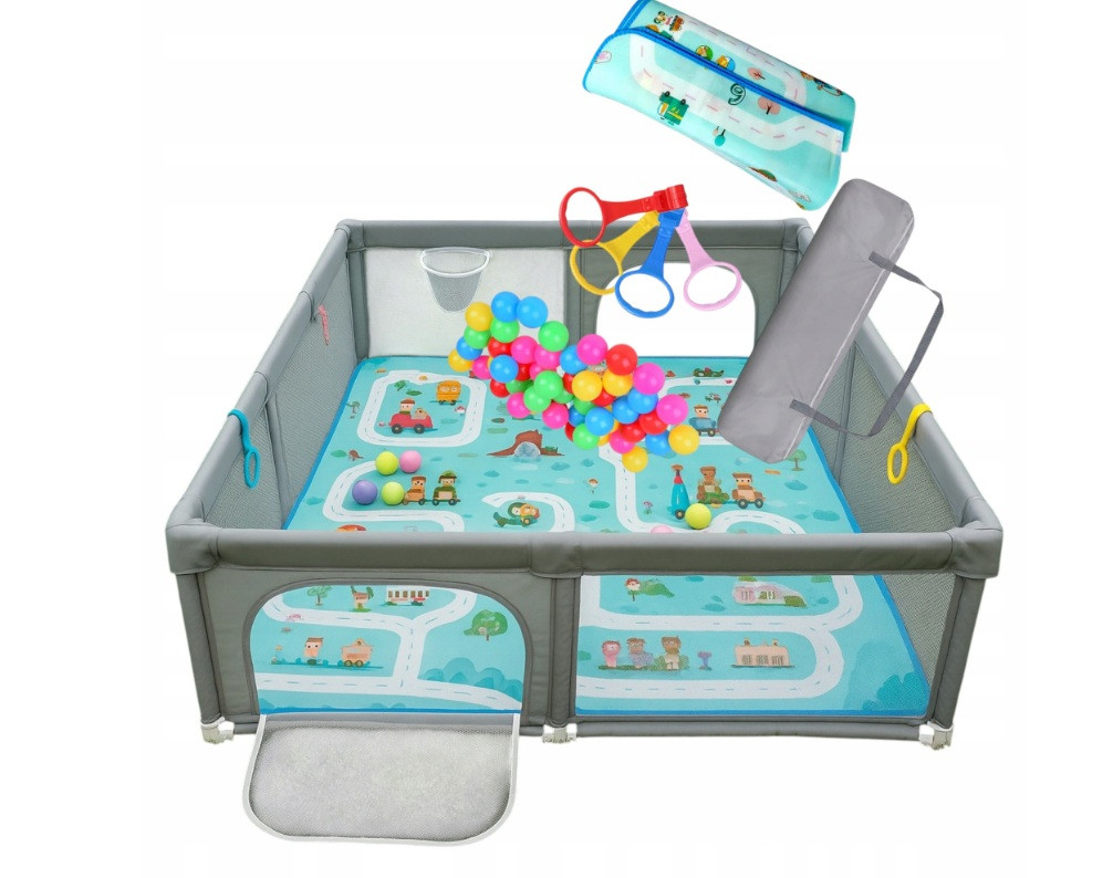 Манеж дитячий DAZA KIDS 180 × 150 см сірий + килимок + сумка + 30 кульок, фото 1