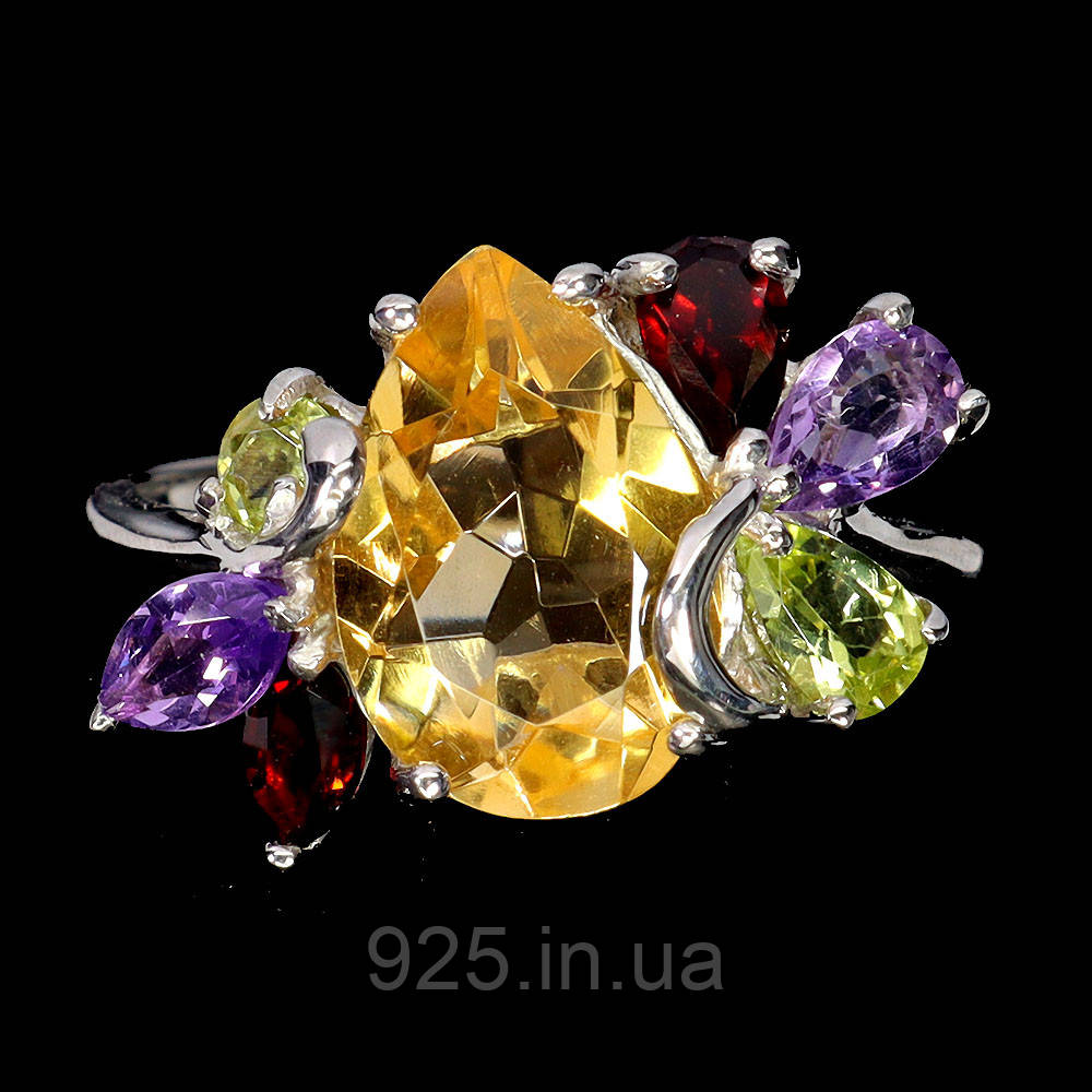 Каблучка. Натуральний цитрин, аметист, гранат і перидот. Срібло 925., фото 1