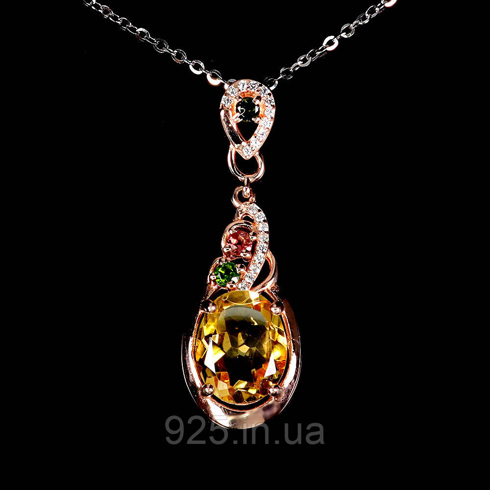 Підвіска. Натуральний цитрин, хром діопсид і турмалін. Срібло 925., фото 1