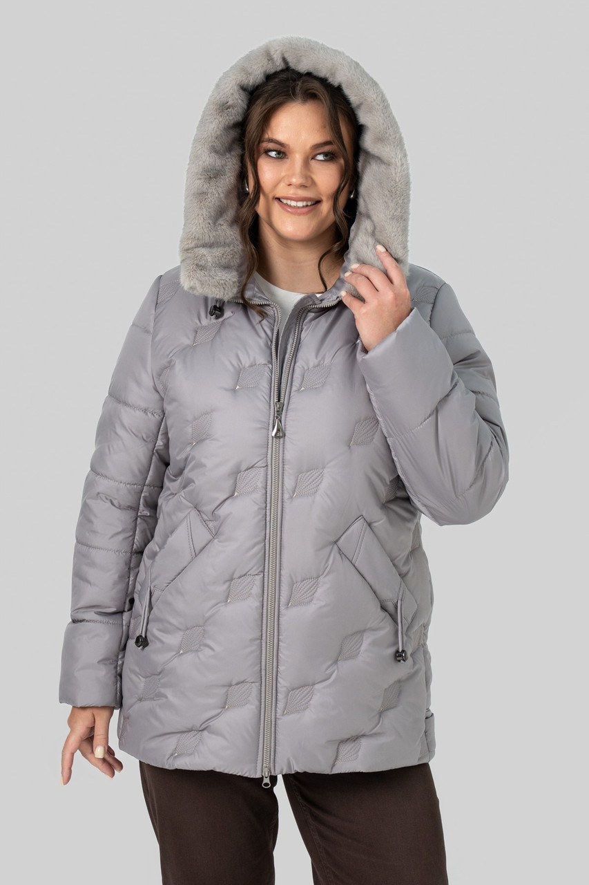 Жіноча куртка Анжеліка зимова великих розмірів 50–60 з тінсулейтом і хутром сталевий сірий, фото 1