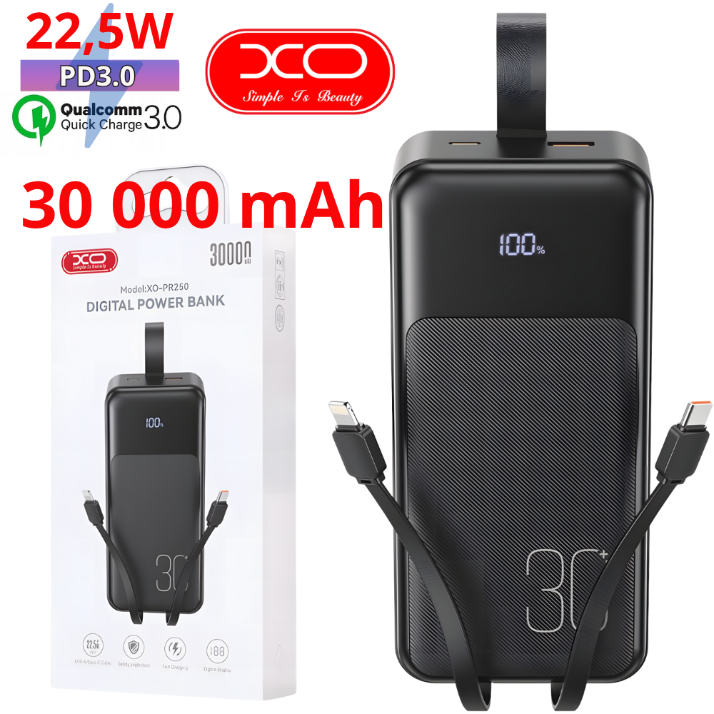 Потужний Повербанк 30000 mAh зі Швидкою Зарядкою 22.5W Powerbank Портативний акумулятор QC 3.0 XO PD20W, фото 1
