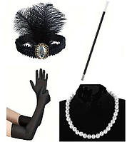 Набір аксесуарів Гетсбі  Ретро Пов`язка на голову чорна з пір`ям, мундштук, рукавички, намисто