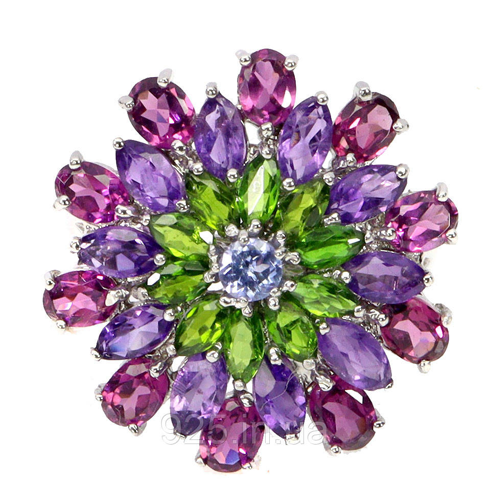 Каблучка. Натуральний аметист, хром діопсид, гранат родоліт і танзаніт. Срібло 925., фото 1