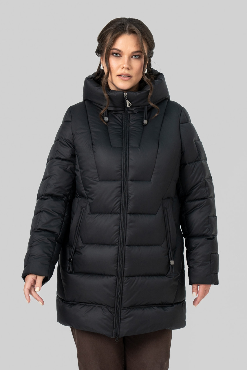 Жіноча зимова куртка-пуховик Софія великого розміру 50–60 | Теплий біопуховик до -15°C з капюшоном чорний, фото 1
