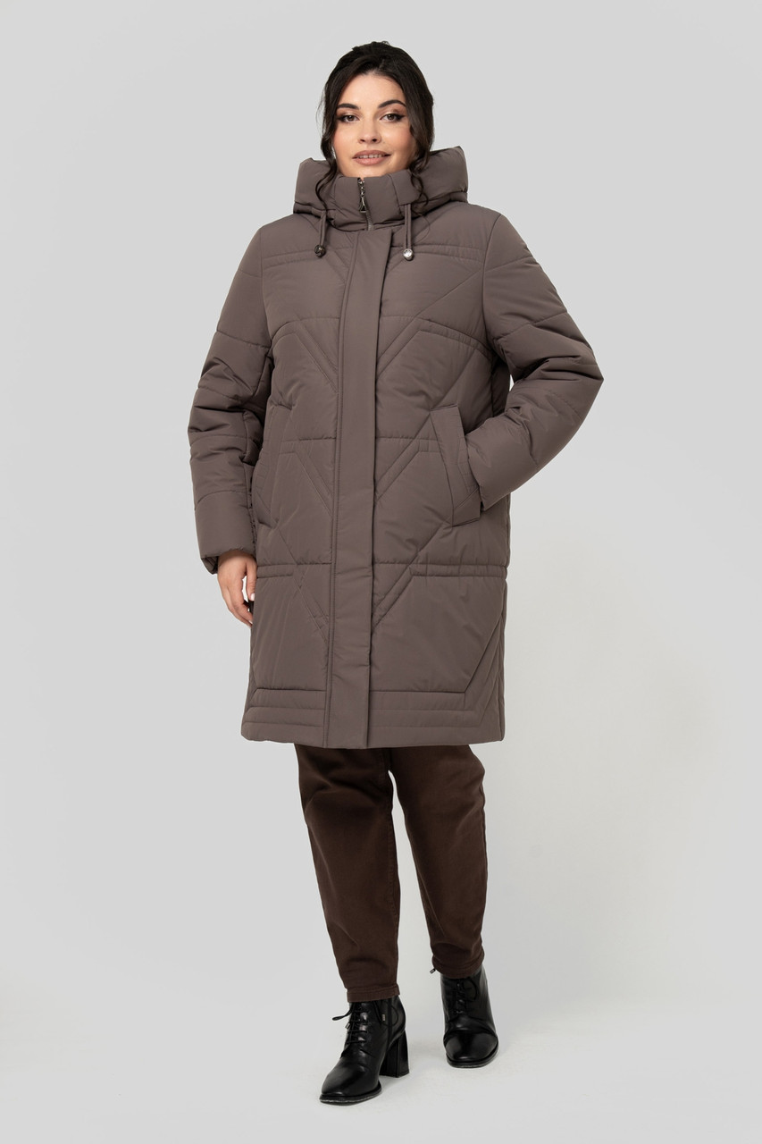Тепле стьобане пальто жіноче 50–60 розмірів, з тинсулейтом і капюшоном | Зимове пальто батал мокко, фото 1