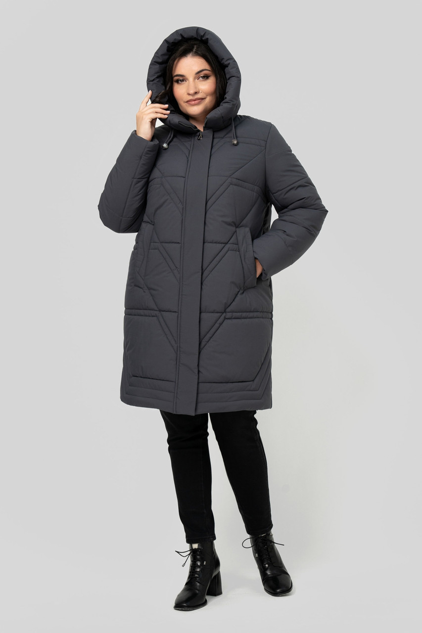 Тепле стьобане пальто жіноче 50–60 розмірів, з тинсулейтом і капюшоном | Зимове пальто батал графіт, фото 1