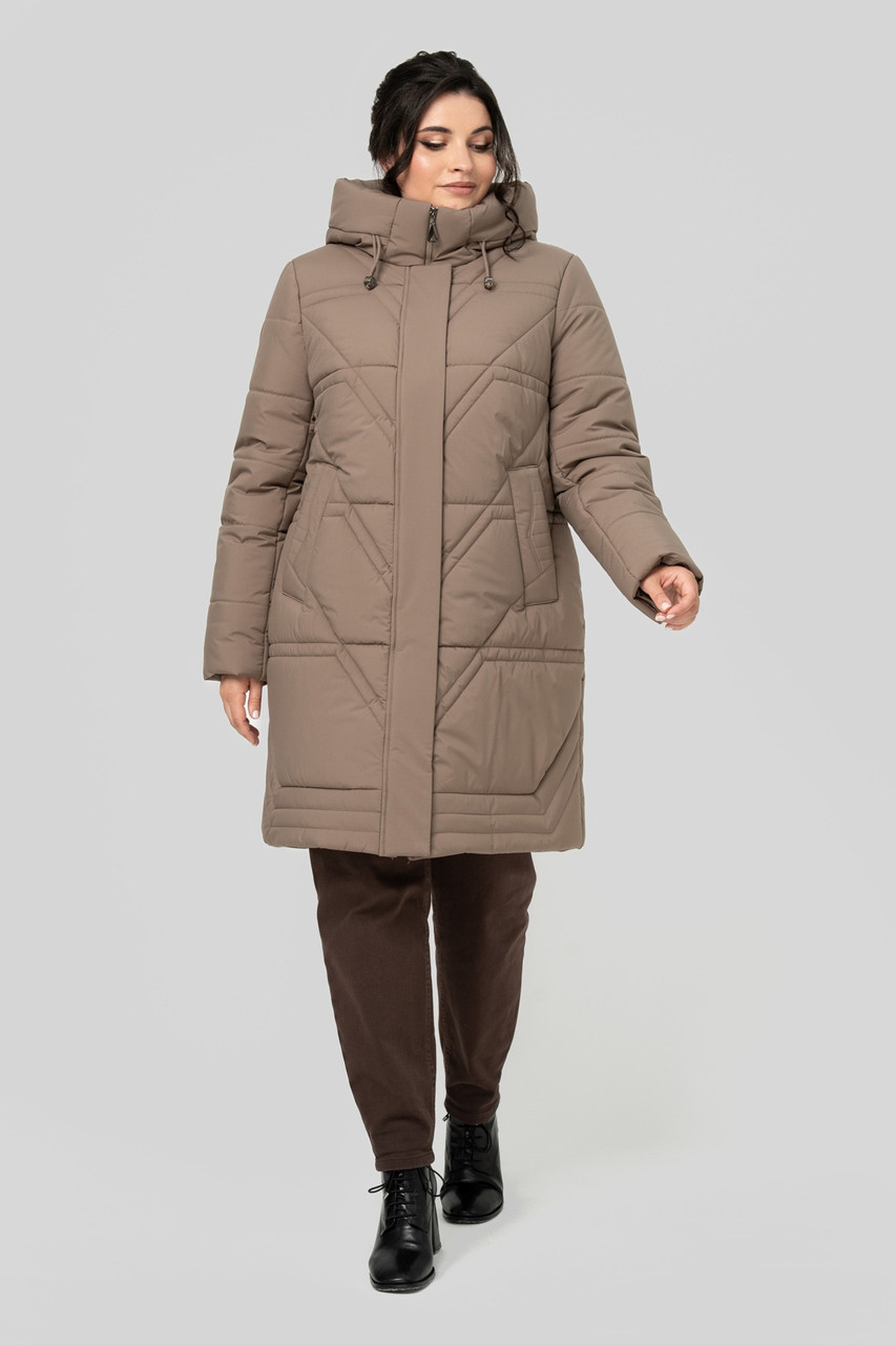 Тепле стьобане пальто жіноче 50–60 розмірів, з тинсулейтом і капюшоном | Зимове пальто батал капучино, фото 1