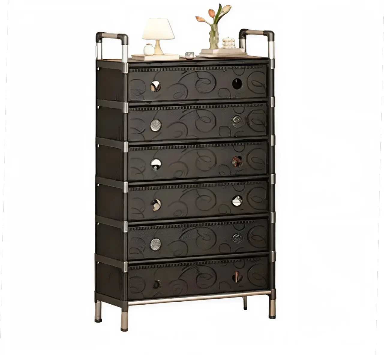 Полиця для взуття SKLM-32 (SLXJ6207H) чорна, металевий стелаж із полицями з пластику, 6 ярусів