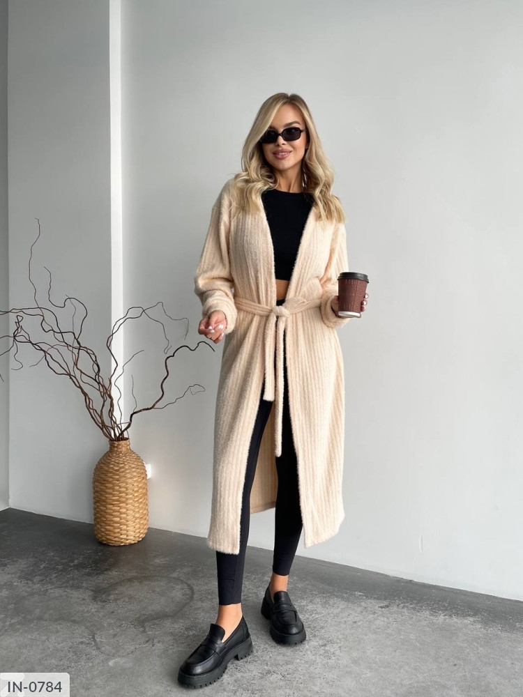 Кардиган жіночий стильний модний повсякденний по коліно прямого вільного крою з альпаки в рубчик