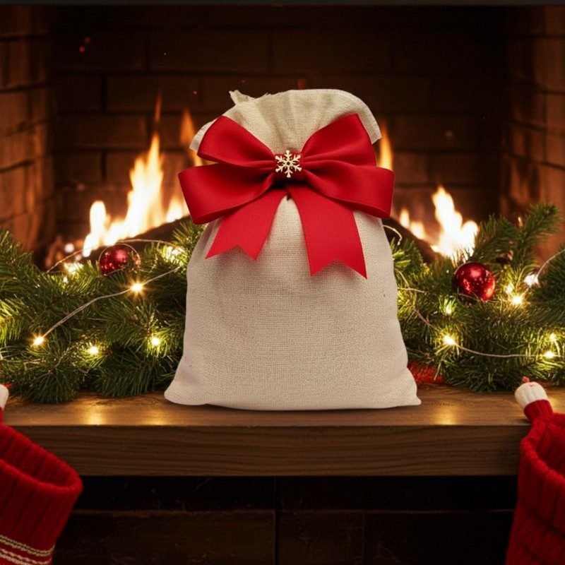 ОПТ Мішок для подарунків новорічний бавовна з бантом 29*20 см, фото 1