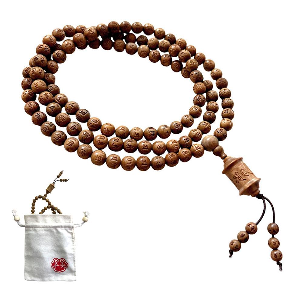 Чотки з сандалу буддійські з мантрою на 108 намистин 8 мм, фото 1