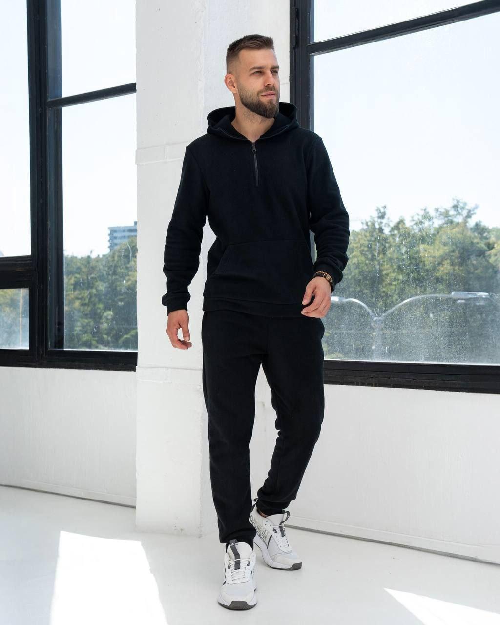 Спортивний теплий чоловічий костюм двосторонній фліс з капюшоном чорний, фото 1