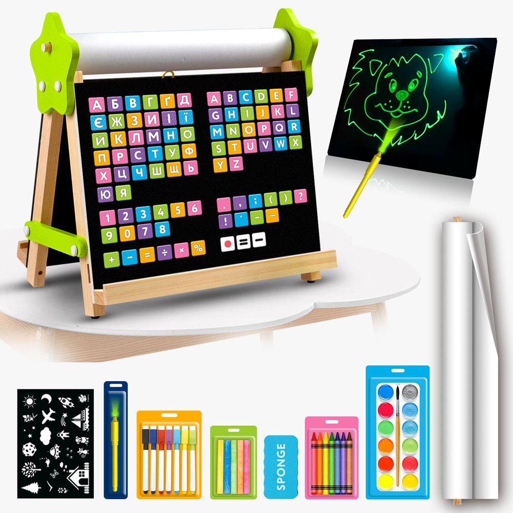 Двосторонній мольберт дитячий настільний 5 в 1 Люмік, малювання світлом, крейдою, маркерами LMA5N, фото 1