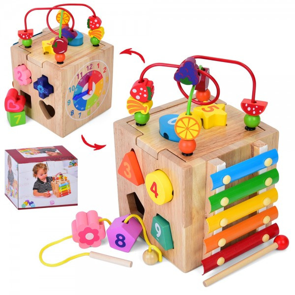 Дерев'яна іграшка Центр розвивальний MD 0821, куб, лабіринт на дроті, сортер, ксилофон, шнурівка, фото 1