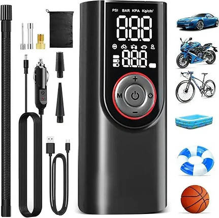 Портативний компресор ATJ-9566, акумуляторний насос 80Вт, 3×2000 мА·год, 150 PSI, LED дисплей, авто вимкнення, фото 2