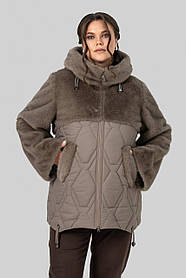 Коротка шуба Шанталь комбінована еко-хутро і плащівка великі розміри 50-58 різні кольори капучино