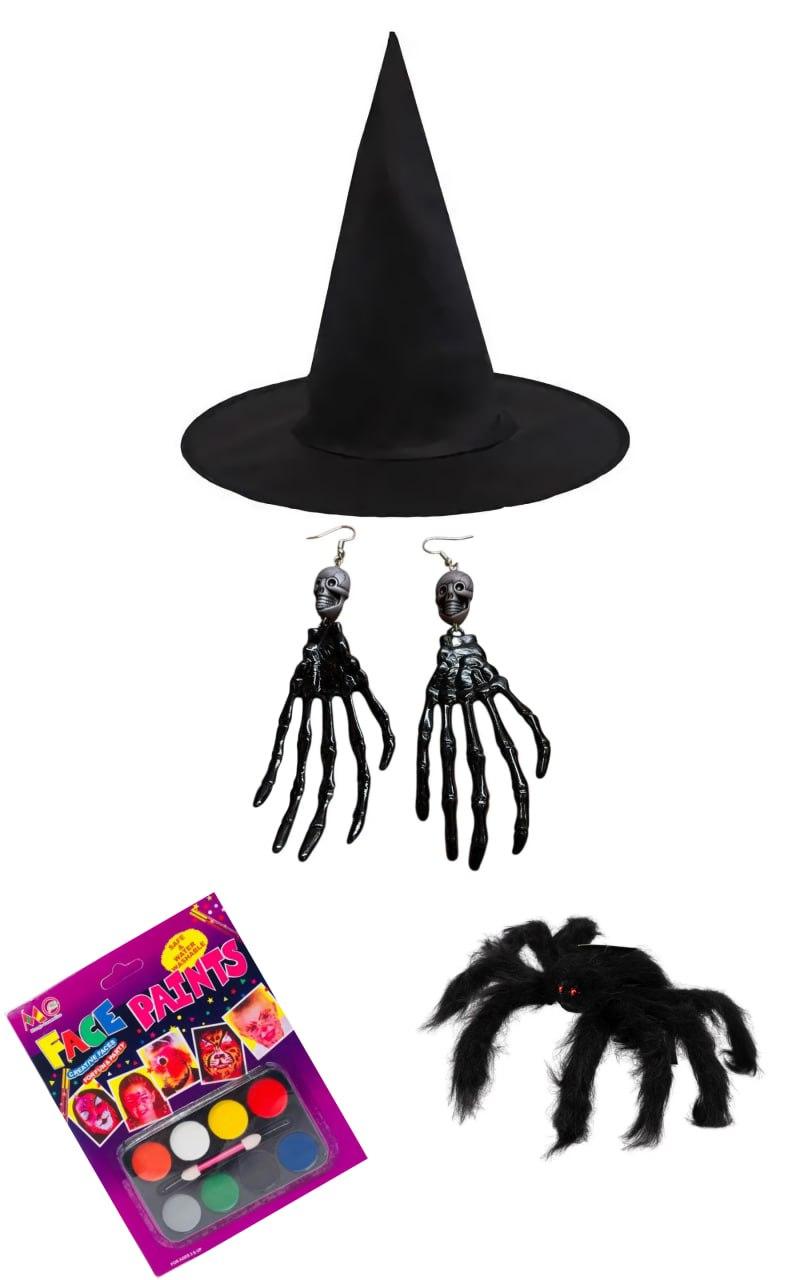Набір для костюму “Witch Power” | капелюх відьми + сережки-скелети + павук + фарби для обличчя | декор на Хелловін