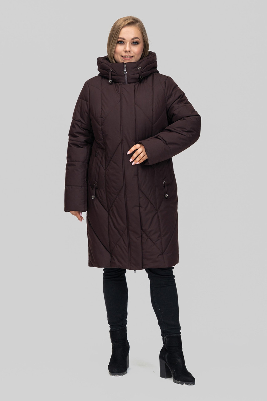 Пальто зимове Альбіна жіноче стьобане тепле на тинсулейті великих розмірів 50-60 темний марсала, фото 1