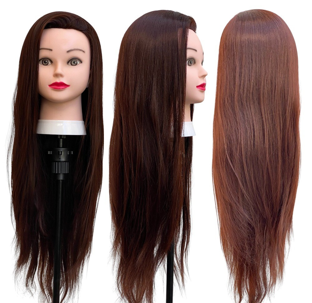 Навчальна голова манекен з волоссям для перукаря - манекен для стрижки 30% натурального волосся темно-коричнева HT-4, фото 1