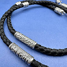 Чорний товстий шовковий шнурок із срібними вставками Спаси і збережи 925 проба з чорнінням