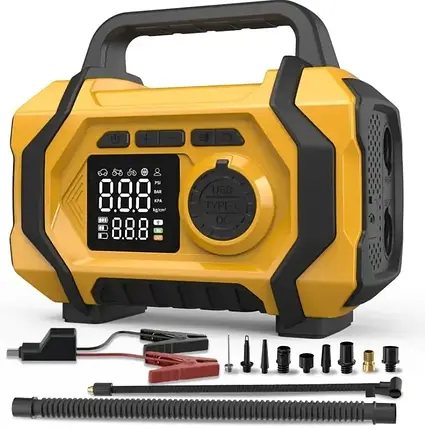 Портативний компресор ATJ-201, міні акумуляторний насос 150 PSI, Type-C 5В, 10.3 бар, жовтий корпус, фото 2