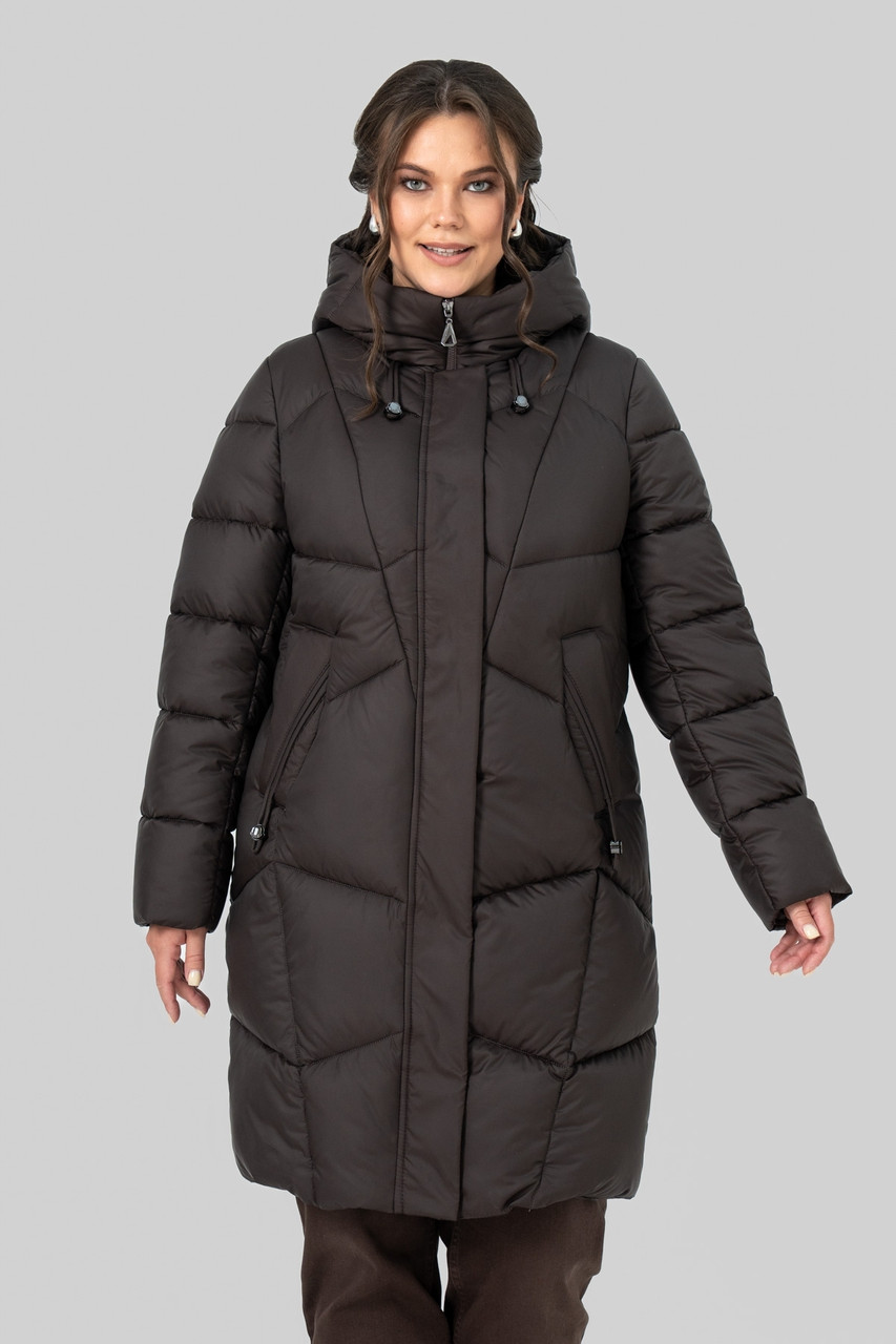 Пальто пуховик Мілорі жіноче зимове тепле на біопуху великих розмірів 50-60 шоколад, фото 1
