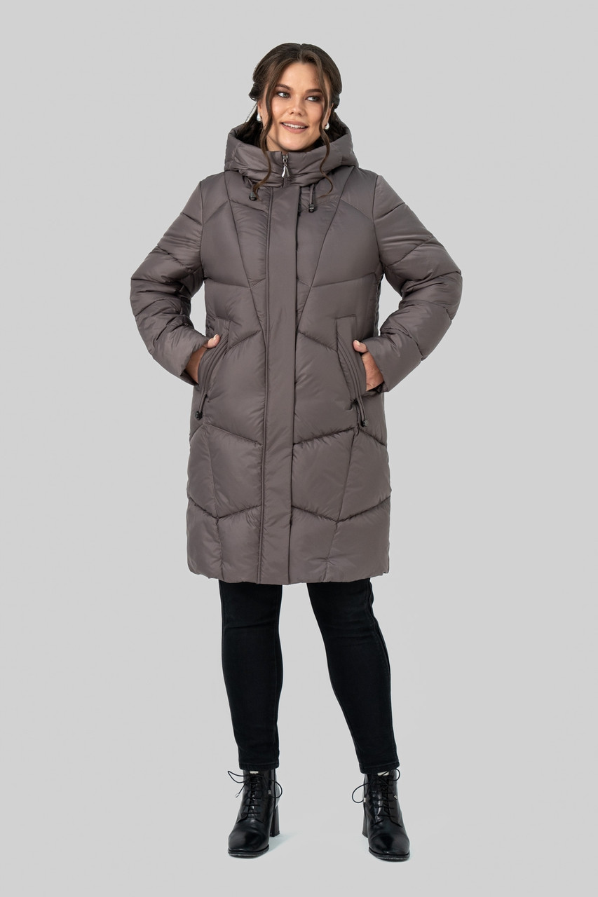 Пальто пуховик Мілорі жіноче зимове тепле на біопуху великих розмірів 50-60 мокко, фото 1