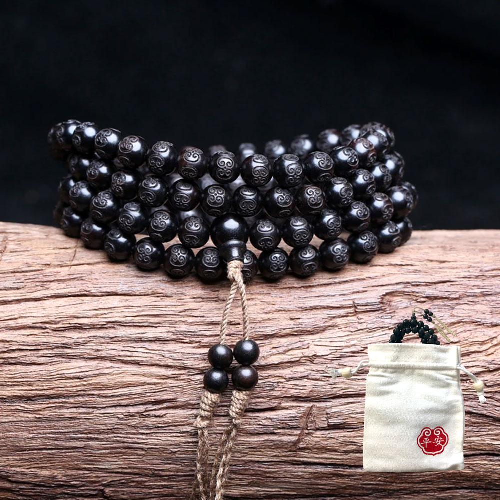 Чотки з чорного ебенового дерева з гравіюванням на 108 намистин 8 мм, фото 1