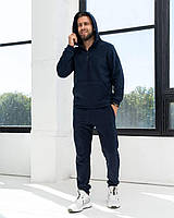 Спортивний теплий чоловічий костюм двосторонній фліс з капюшоном темно-синій
