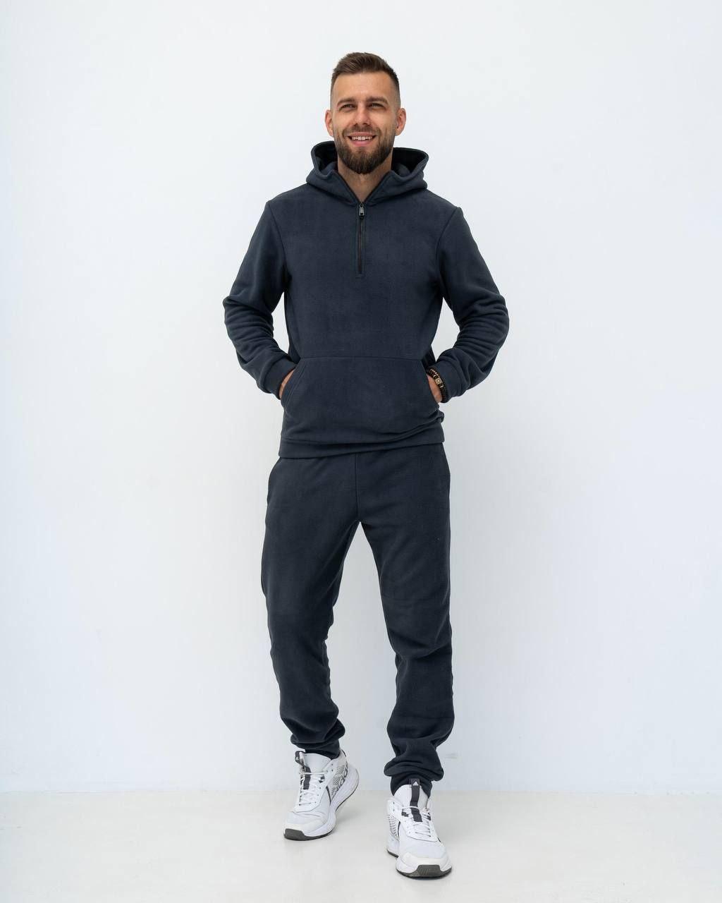 Спортивний теплий чоловічий костюм двосторонній фліс з капюшоном графітовий