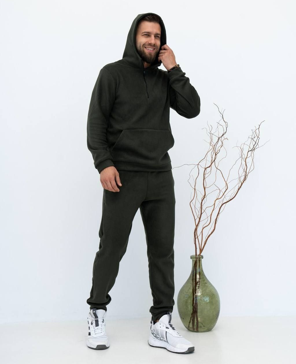 Спортивний теплий чоловічий костюм двосторонній фліс з капюшоном хакі, фото 1