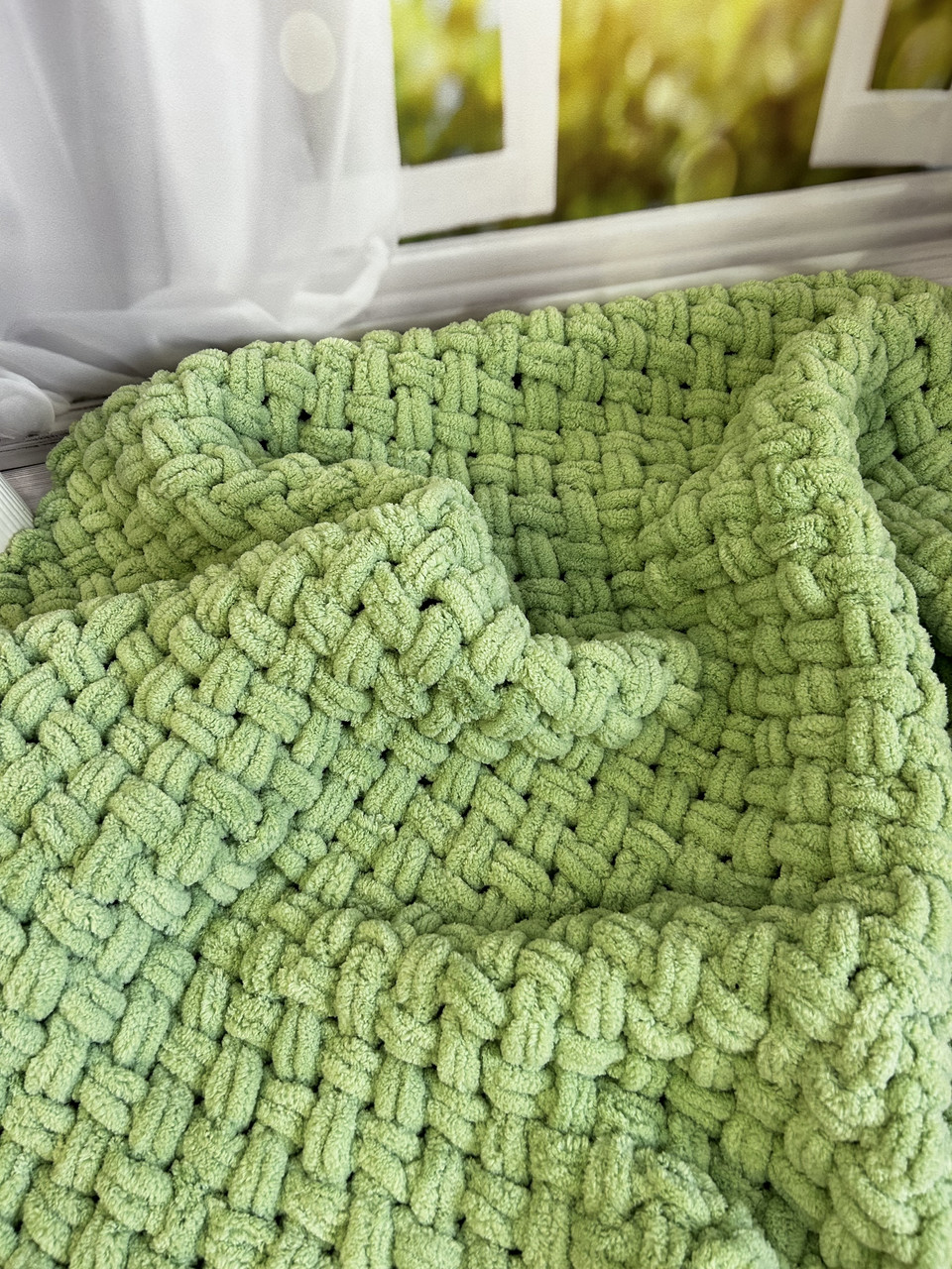 Зефірний в'язаний плюшевий плед ручної роботи із алізе пуффі, 85*85см, колір трава, фото 1