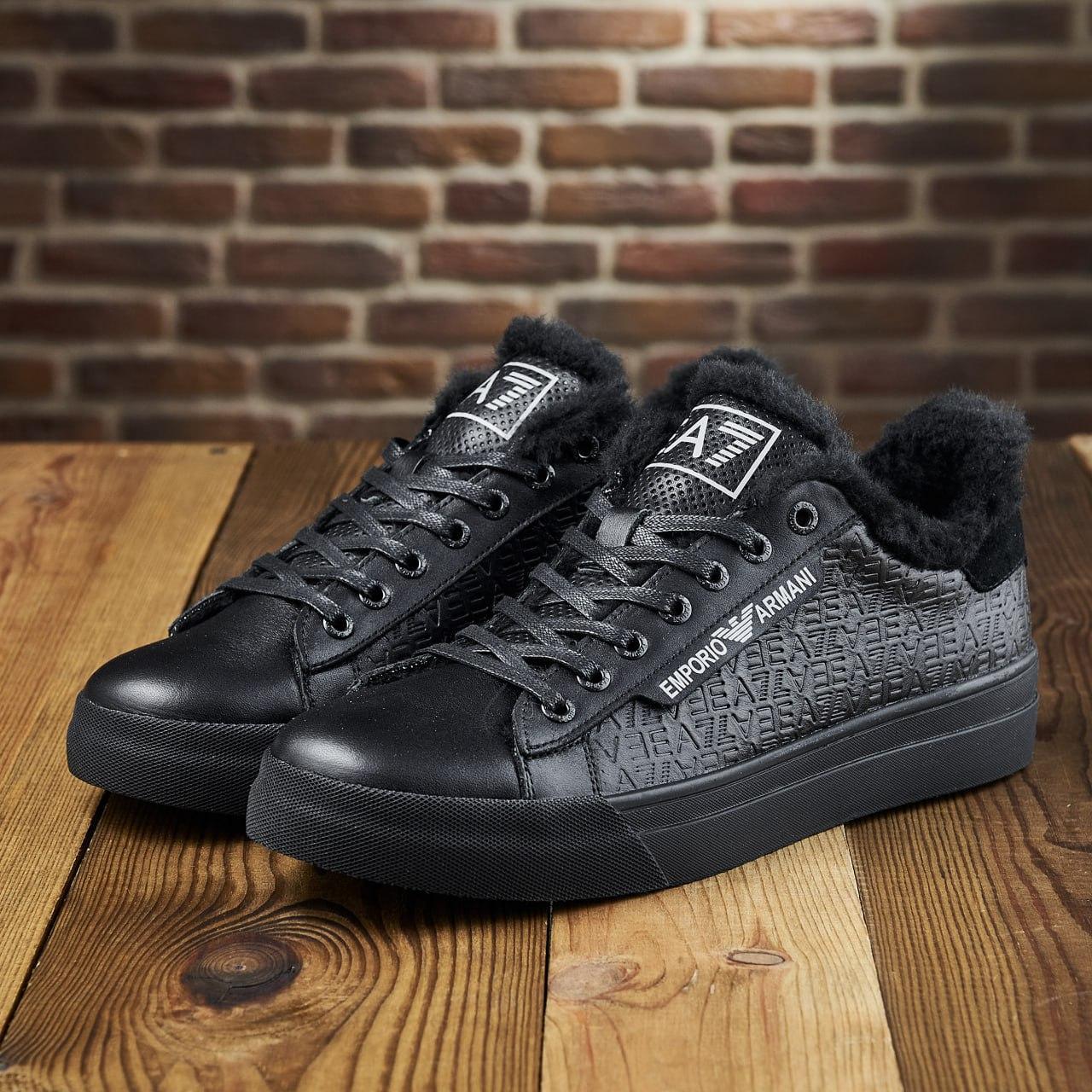 Зимові чоловічі шкіряні кеди, кросівки чорні утеплені з натуральної шкіри на хутрі на зиму для чоловіків, розмір 40-48, фото 1