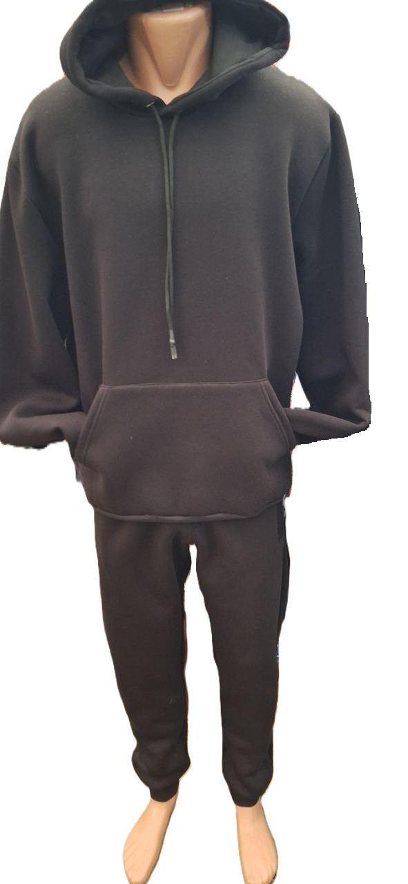Спортивний теплий чоловічий костюм трикотаж на флісі з капюшоном чорний