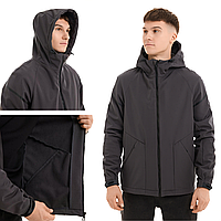 Чоловіча куртка весна осінь демісезонна з капюшоном softshell темно-сіра Победов