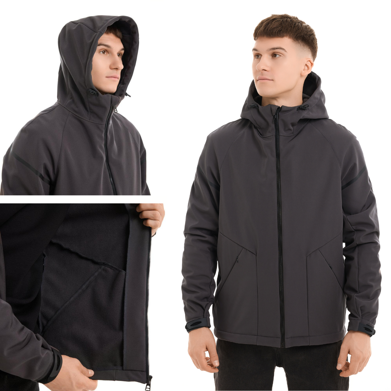 Чоловіча куртка весна осінь демісезонна з капюшоном softshell темно-сіра Победов - фото 1 - id-p2789312991