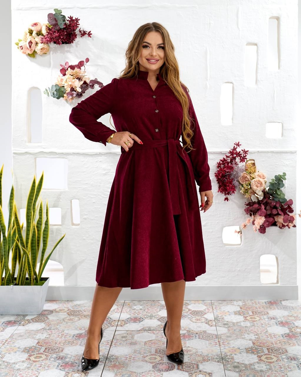 Стильна вельветова сукня по коліно великих розмірів бордо 50-52, 54-56, фото 1