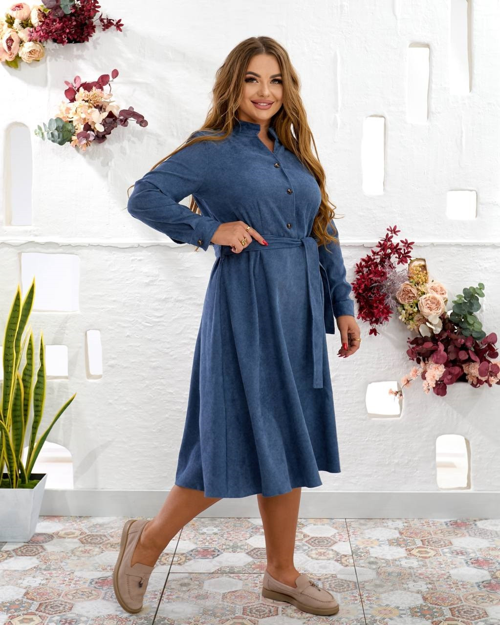 Стильна вельветова сукня по коліно великих розмірів джинс 50-52, 54-56, фото 1