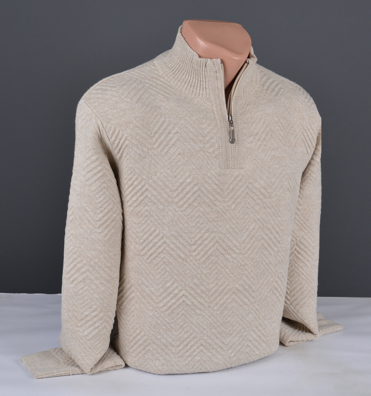 Чоловічий светр із коміром на блискавці великого розміру бежевий Туреччина 7254 Б, фото 1