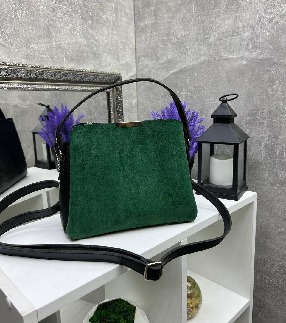 Жіноча сумка крос-боді невелика сумочка через плече стильна зелена замша+шкірзам