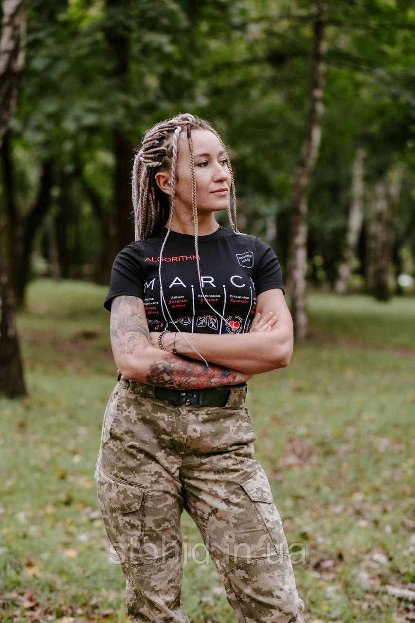 Жіноча тактична футболка з принтом MARCH, футболка для медика ЗСУ, для інструктора тактичної медицини Стохід Чорна, фото 1