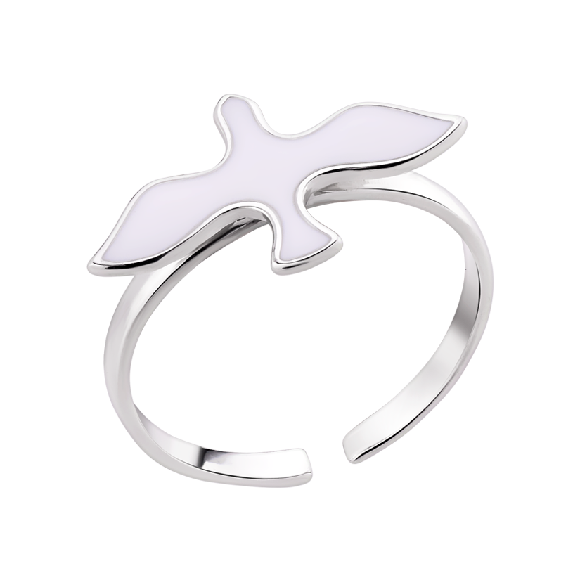 Срібна каблучка тоненька Пташка об'ємне з білою емаллю, фото 1