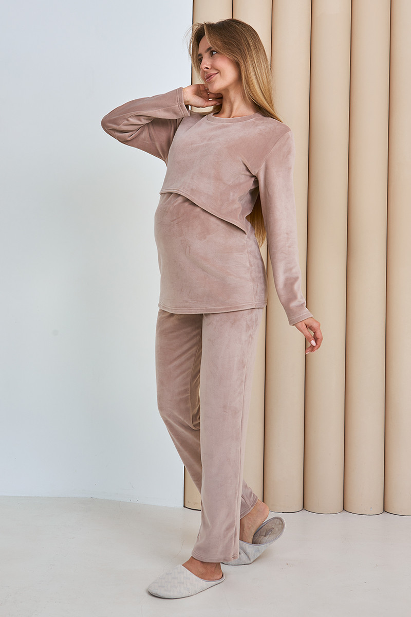 Теплий костюм для вагітних та годуючих домашній велюровий кольору капучино, фото 1