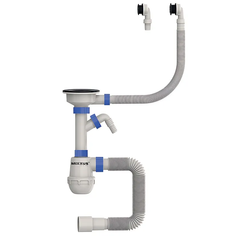 Сифон для кухні Mixxus SK-06-BL 3 1/2"x40 з пластиковою сіткою, відводом для пральної машини, гнучкий, фото 1