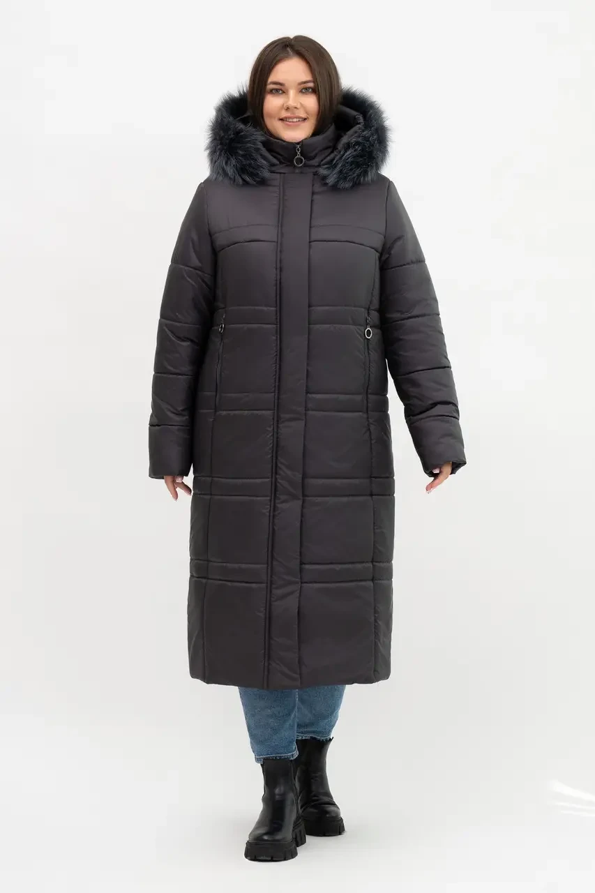Шикарний жіночий теплий пуховик з капюшоном та хутром песця, батальні розміри, фото 1